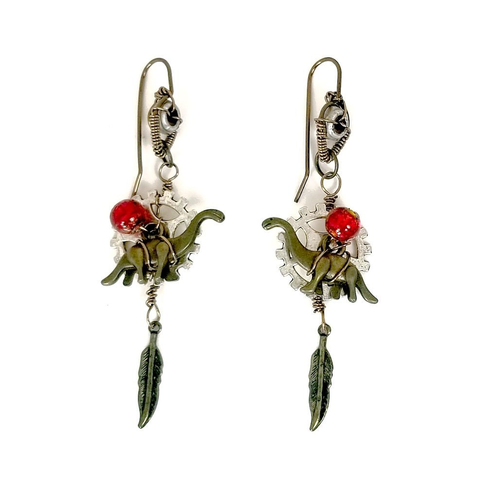 Steampunk Dinosaur Earrings high quality in Red #1327