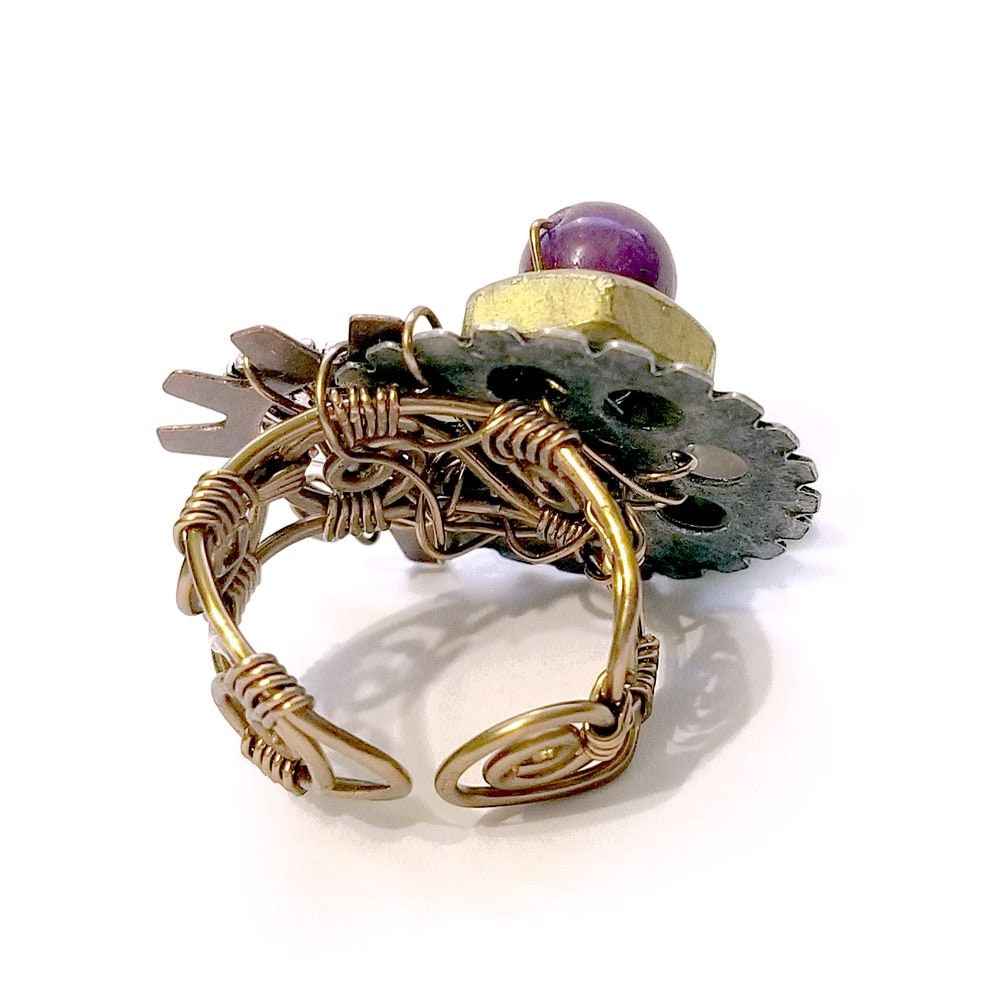 Steampunk Ring with Heart Dangle, Purple Accents and Real Hardware Adjustable Wire #1394