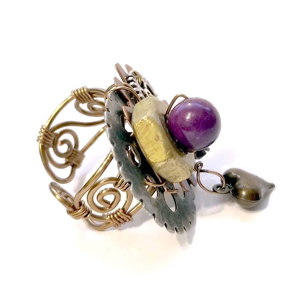 Steampunk Ring with Heart Dangle, Purple Accents and Real Hardware Adjustable Wire #1394