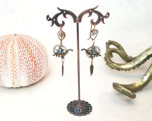 Steampunk Dinosaur Earrings in Aqua/Teal/Sky Blue