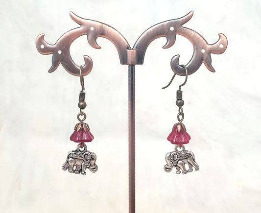 Earrings with Silver Elephant Charms, Wedding, Bridesmaid, Art Nouveau, Belle Époque, Renaissance, Garden, Red, More Colors Available