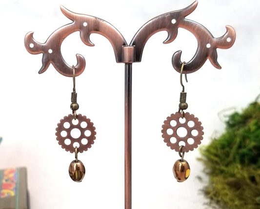 Earrings with Gear Over Bead, Steampunk, Wedding, Bridesmaid, Art Nouveau, Belle Époque, Renaissance, Garden, Choice of Colors