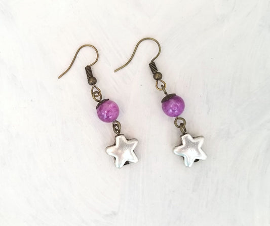 Earrings with Silver Star Charms, Wedding, Bridesmaid, Art Nouveau, Belle Époque, Renaissance, Garden, Purple, More Colors Available