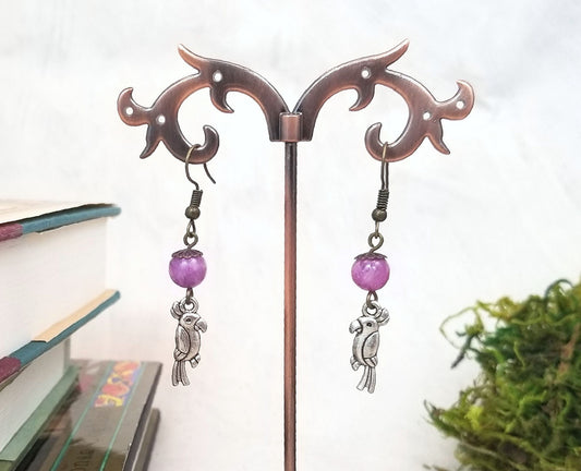 Earrings with Silver Parrot Bird Charms, Wedding, Bridesmaid, Art Nouveau, Belle Époque, Renaissance, Garden, Purple, More Colors Available