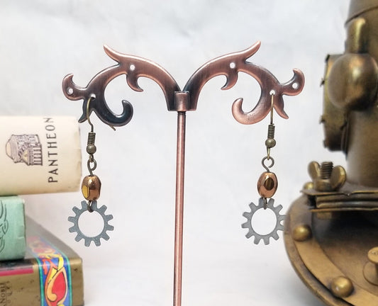 Steampunk Earrings with Beads Over Gears, Party, Wedding, Bridesmaid, Choice of Colors