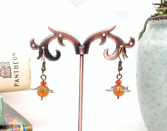 Star Flower Earrings in Orange, Wedding, Bridesmaid, Art Nouveau, Belle Époque, Renaissance, Garden, Choice of Closure Types