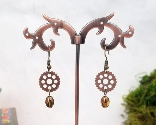 Steampunk Earrings with Gears Over Beads, Party, Wedding, Bridesmaid, Choice of Colors