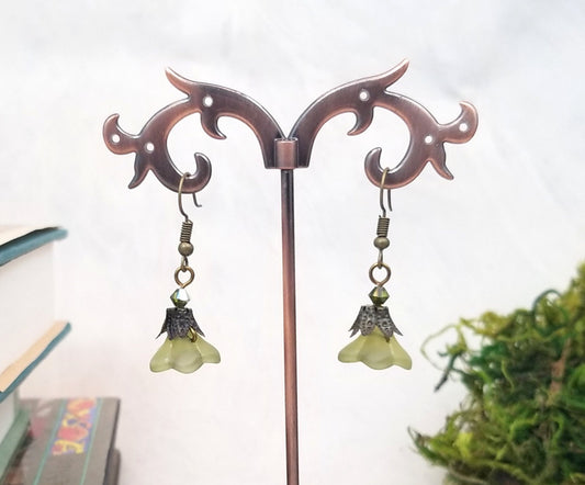 Glass Flower Earrings in Frosted Green, Wedding, Bridesmaid, Art Nouveau, Belle Époque, Renaissance, Garden, Choice of Closure Types