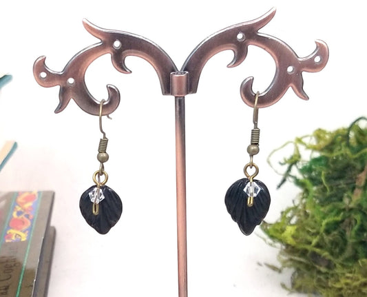 Small Glass Leaf Earrings in Black, Wedding, Bridesmaid, Art Nouveau, Belle Époque, Renaissance, Forest, Garden, Choice of Closure Types