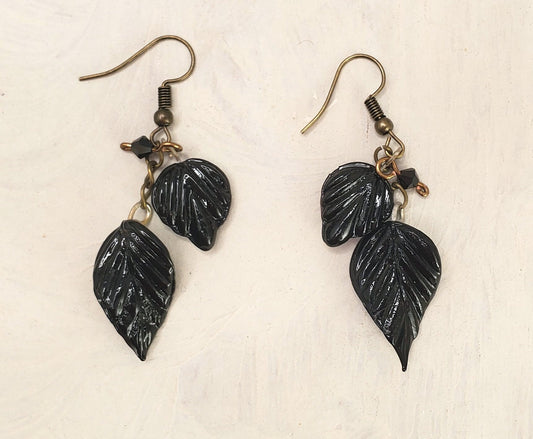 Double Glass Leaf Earrings in Black, Wedding, Bridesmaid, Art Nouveau, Renaissance, Belle Epoque, Forest, Choice of Closure Types